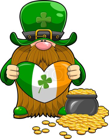 Téléchargez les illustrations : St. Patrick's Day Gnome Cartoon Character Holding A Irish Heart To Pot Full Of Gold. Vector Hand Drawn Illustration Isolated On Transparent Background - en licence libre de droit