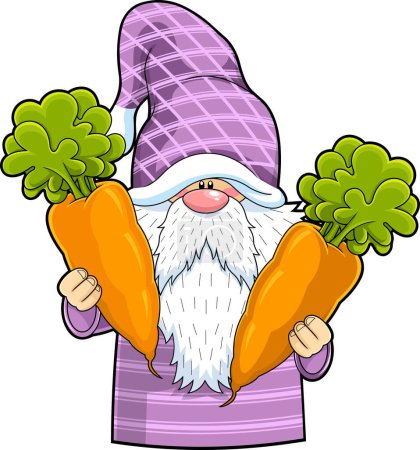 Téléchargez les illustrations : Mignon personnage de bande dessinée Gnome tient une carotte. Illustration dessinée à la main isolée sur fond blanc - en licence libre de droit