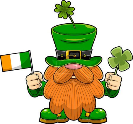 Ilustración de Día de San Patricio Gnomo Personaje de dibujos animados sosteniendo una bandera de Irlanda y trébol. Ilustración dibujada a mano vectorial aislada sobre fondo transparente - Imagen libre de derechos
