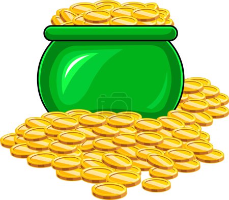 Ilustración de Green Pot Of Gold Coins. Vector Hand Drawn Illustration Isolated On Transparent Background - Imagen libre de derechos