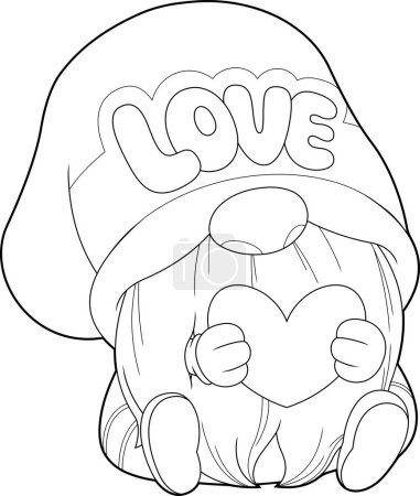Illustration for Outlined Cute Gnome Lover Cartoon Character Holding A Heart. Vector Hand Drawn Illustration Isolated On Transparent Background - Royalty Free Image