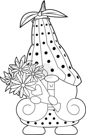 Ilustración de Delineado lindo personaje de dibujos animados de gnomo femenino sosteniendo un ramo. Ilustración dibujada a mano vectorial aislada sobre fondo transparente - Imagen libre de derechos