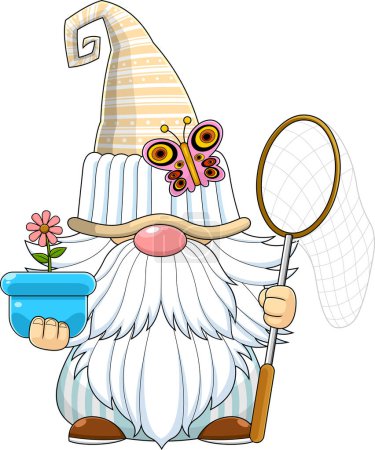 Illustration for Cute Spring Gnome Cartoon Character With Flower Pot Holding A Butterfly Net. Vector Hand Drawn Illustration Isolated On Transparent Background - Royalty Free Image