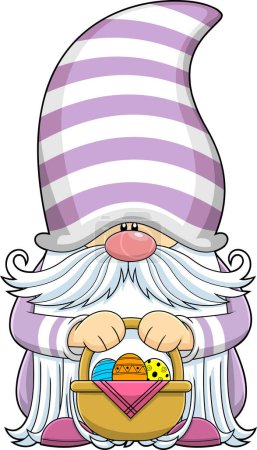 Téléchargez les illustrations : Mignon personnage de bande dessinée Gnome tenant un panier avec des œufs de Pâques. Illustration dessinée à la main vectorielle isolée sur fond transparent - en licence libre de droit