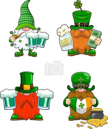 Téléchargez les illustrations : St. Patrick's Day Gnomes Personnages de bande dessinée dans différentes poses. Ensemble de collection dessiné à la main vectoriel isolé sur fond transparent - en licence libre de droit