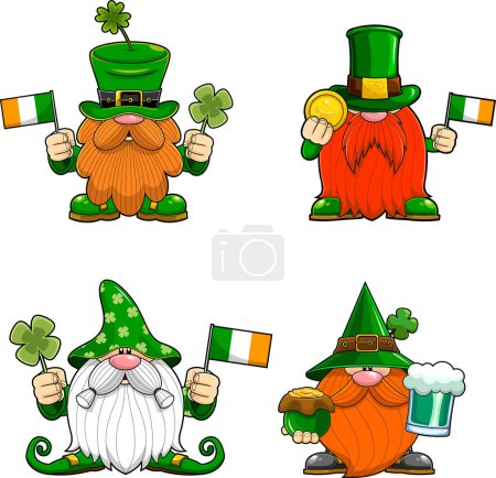 Illustration for St. Patrick's Day Gnomes Cartoon Characters In Different Poses. Vector Hand Drawn Collection Set Isolated On Transparent Background - Royalty Free Image