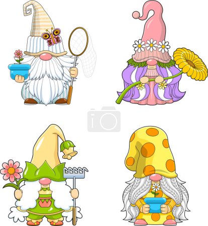 Téléchargez les illustrations : Cute Spring Gnomes Cartoon Characters In Different Poses. Vector Hand Drawn Collection Set Isolated On Transparent Background - en licence libre de droit