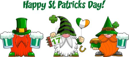 Illustration for Cute Gnomes Cartoon Characters With Text Happy St Patricks Day. Vector Hand Drawn Illustration Isolated On Transparent Background - Royalty Free Image