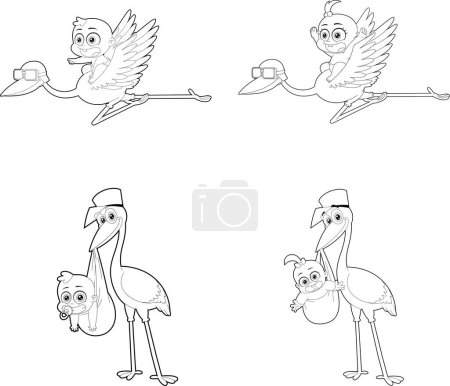 Téléchargez les illustrations : Stork Outlined Delivering A Babies Personnages de bande dessinée. Ensemble de collection dessiné à la main vectoriel isolé sur fond transparent - en licence libre de droit