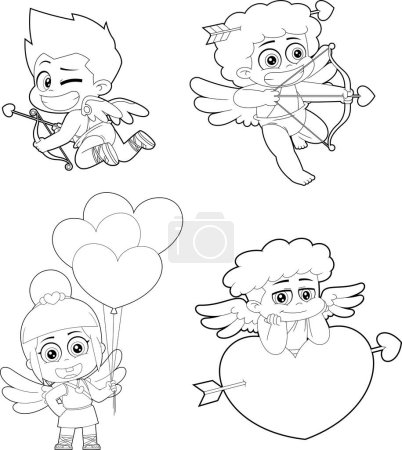 Téléchargez les illustrations : Outlined Cute Cupid Baby Cartoon Characters. Vector Hand Drawn Collection Set Isolated On Transparent Background - en licence libre de droit