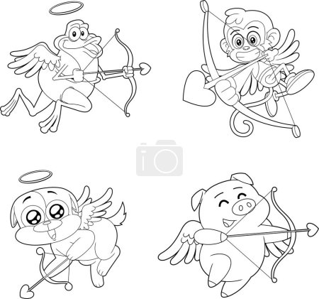 Téléchargez les illustrations : Outlined Cute Animals Cupid Cartoon Characters. Vector Hand Drawn Collection Set Isolated On Transparent Background - en licence libre de droit