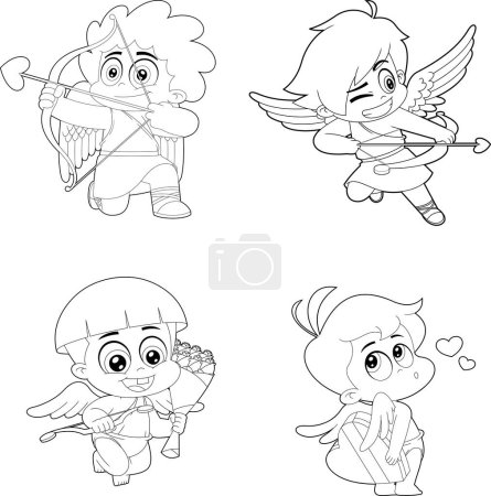 Téléchargez les illustrations : Outlined Cute Cupid Baby Cartoon Character. Vector Hand Drawn Collection Set Isolated On Transparent Background - en licence libre de droit