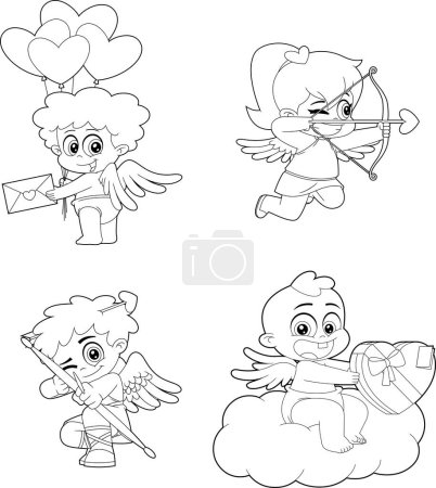 Téléchargez les illustrations : Outlined Cute Cupid Baby Cartoon Character. Vector Hand Drawn Collection Set Isolated On Transparent Background - en licence libre de droit
