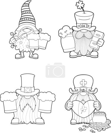 Illustration for Outlined St. Patrick's Day Gnomes Cartoon Characters In Different Poses. Vector Hand Drawn Collection Set Isolated On Transparent Background - Royalty Free Image