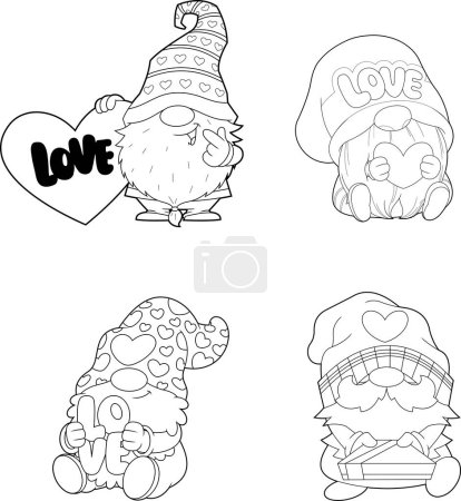 Illustration for Outlined Cute Gnomes Lover Cartoon Characters In Different Poses. Vector Hand Drawn Collection Set Isolated On Transparent Background - Royalty Free Image
