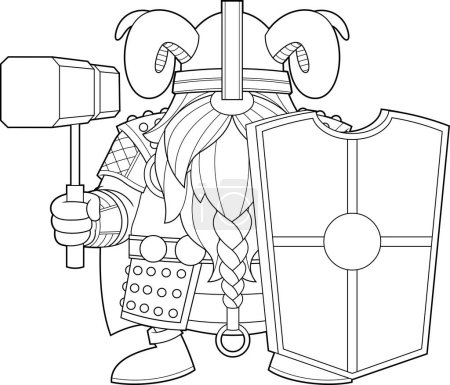 Illustration for Outlined Gnome Viking Cartoon Character With Hammer And Shield. Vector Hand Drawn Illustration Isolated On Transparent Background - Royalty Free Image
