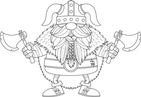 Téléchargez les illustrations : Outlined Gnome Viking Cartoon Character Holds Two Axes. Vector Hand Drawn Illustration Isolated On Transparent Background - en licence libre de droit
