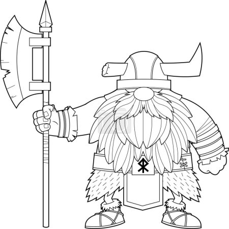 Illustration for Outlined Gnome Viking Cartoon Character Holds A Great Axe. Vector Hand Drawn Illustration Isolated On Transparent Background - Royalty Free Image