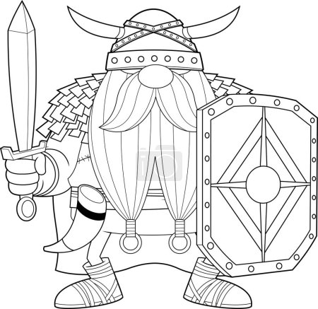 Illustration for Outlined Angry Gnome Viking Cartoon Character With Sword And Shield. Vector Hand Drawn Illustration Isolated On Transparent Background - Royalty Free Image