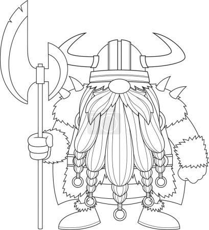 Illustration for Outlined Gnome Viking Cartoon Character Holds A Big Axe. Vector Hand Drawn Illustration Isolated On Transparent Background - Royalty Free Image