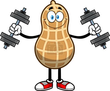 Illustration for Smiling Cartoon  Peanut Nutshell with heavy dumbbells - Royalty Free Image
