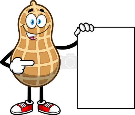 Illustration for Smiling Cartoon Peanut Nutshell illustration pointing finger on banner frame for copy space - Royalty Free Image