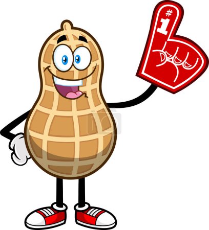 Illustration for Smiling Cartoon Peanut Nutshell illustration with supporting fan red glove - Royalty Free Image