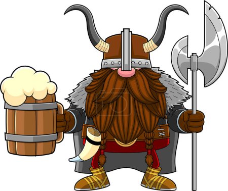 Illustration for Cartoon illustration of Scandinavian Viking man with beer and weapon - Royalty Free Image