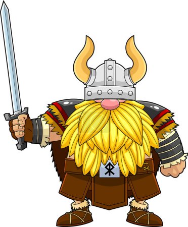 Illustration for Gnome Viking warrior with beard holding sword, belt with rune - Royalty Free Image