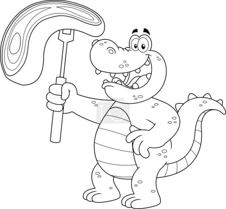 Téléchargez les illustrations : Dessin animé de crocodile avec fourchette et tranche de viande - en licence libre de droit