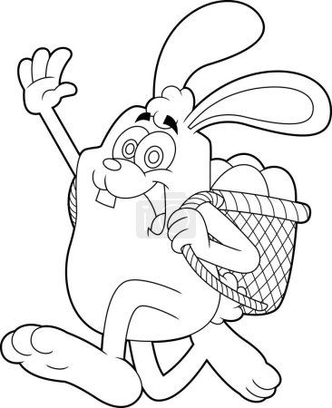 Téléchargez les illustrations : Dessin animé drôle lapin de Pâques en cours d'exécution avec panier plein d'œufs - en licence libre de droit