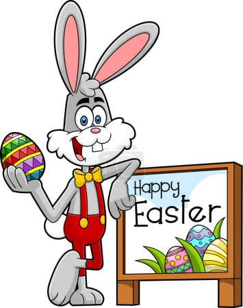 Illustration for Happy Easter bunny holding egg and standing at picture frame - Royalty Free Image