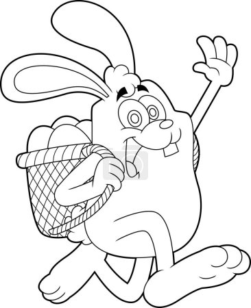 Illustration for Funny cartoon Easter bunny running with basket full of eggs - Royalty Free Image