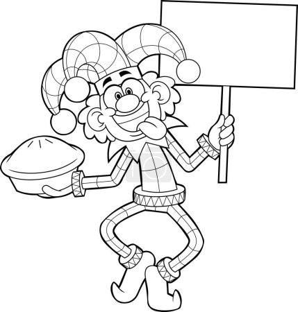 Illustration for Black and white art. fools day Harlequin with banner and pie, cartoon art for 1 April - Royalty Free Image