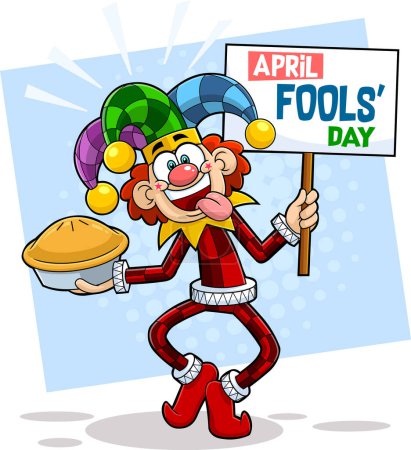 Illustration for Fools day. cray Harlequin with banner and pie, cartoon art for 1 April - Royalty Free Image