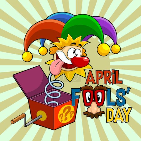 Illustration for Happy April fools day. Harlequin in box, cartoon art - Royalty Free Image