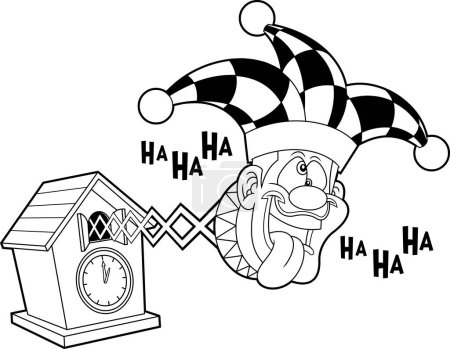Illustration for Outlined Crazy Jolly Jester Toy Cartoon Character Exit From Cuckoo Birdhouse Clock. Vector Hand Drawn Illustration Isolated On Transparent Background - Royalty Free Image