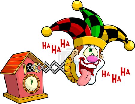 Funny Jolly Jester Toy Cartoon Character Exit From Cuckoo Birdhouse Clock. Vector Hand Drawn Illustration Isolated On Transparent Background