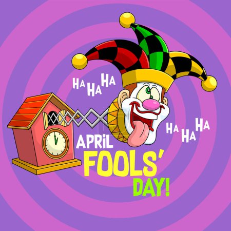 Illustration for Funny Jolly Jester Toy Cartoon Character Exit From Cuckoo Birdhouse Clock. Vector Hand Drawn Illustration With Background And Text - Royalty Free Image