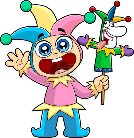 Illustration for Happy Kid Cartoon Character With Costume And Jolly Jester Toy. Vector Hand Drawn Illustration Isolated On Transparent Background - Royalty Free Image