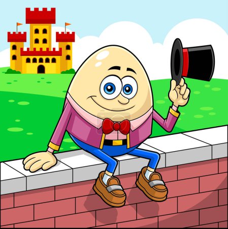 Ilustración de Personaje de dibujos animados de huevo sentado en el sombrero de pared ondulante. Ilustración dibujada a mano del vector con el fondo del paisaje con el castillo - Imagen libre de derechos