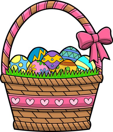 Illustration for Cartoon Easter Basket With Colored Eggs. Vector Hand Drawn Illustration Isolated On Transparent Background - Royalty Free Image