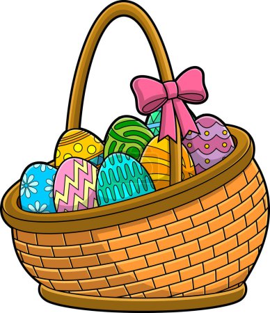 Illustration for Cartoon Easter Basket With Colored Eggs. Vector Hand Drawn Illustration Isolated On Transparent Background - Royalty Free Image