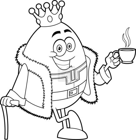 Illustration for Outlined Smiling King Egg Cartoon Character Drinking Coffee. Vector Hand Drawn Illustration Isolated On Transparent Background - Royalty Free Image