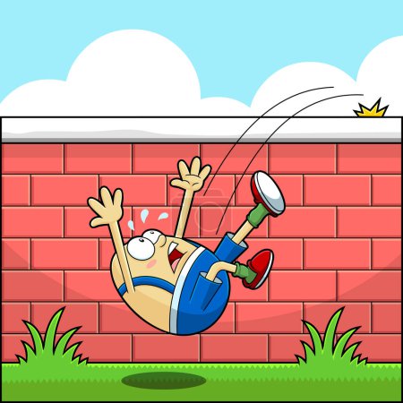 Illustration for Egg Cartoon Character Falling Off The Wall. Vector Hand Drawn Illustration With Background - Royalty Free Image