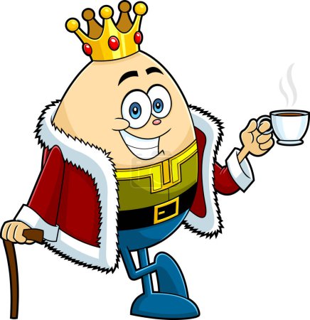 Illustration for Smiling King Egg Cartoon Character Drinking Coffee. Vector Hand Drawn Illustration Isolated On Transparent Background - Royalty Free Image
