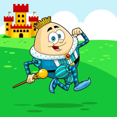 Téléchargez les illustrations : Joyeux personnage de dessin animé King Egg en cours d'exécution. Illustration dessinée à la main vectorielle avec fond de paysage avec château - en licence libre de droit