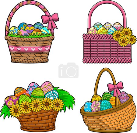 Illustration for Cartoon Easter Basket With Colored Eggs. Vector Hand Drawn Collection Set Isolated On Transparent Background - Royalty Free Image
