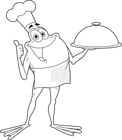 Illustration for Outlined Frog Chef Cartoon Character Holding A Sliver Platter And Giving A Thumbs Up. Vector Hand Drawn Illustration Isolated On Transparent Background - Royalty Free Image