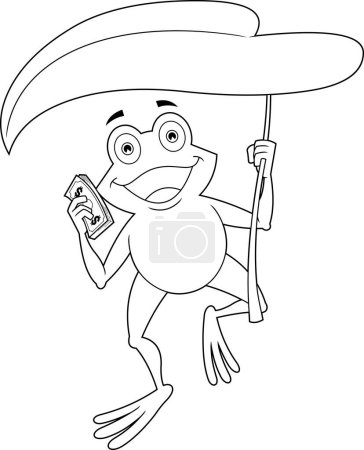 Ilustración de Delineado lindo personaje de dibujos animados rana verde sostiene un paraguas de la hoja y un fajo de dólares. Ilustración dibujada a mano vectorial aislada sobre fondo transparente - Imagen libre de derechos